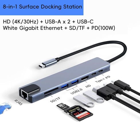 محطة الإرساء السطحية 2 للسطح ، محطة الإرساء السطحية 8-in-1 4K@30Hz إخراج 100W PD شحن Ethernet 100 ميجابت في الثانية ، لاستوديو الكمبيوتر المحمول السطحي ، الكمبيوتر المحمول ، GO Surface ، Surface Book 2 in Kuwait