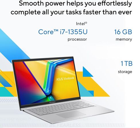 ASUS Vivobook 17 Labtop ، 17.3 "عرض FHD 60Hz ، Intel Core I7-1355U ، Intel Iris XE Graphics ، ذاكرة 16 جيجابايت ، تخزين 1 تيرابايت ، فضية بارد ، F1704VA-ES76 in Saudi Arabia
