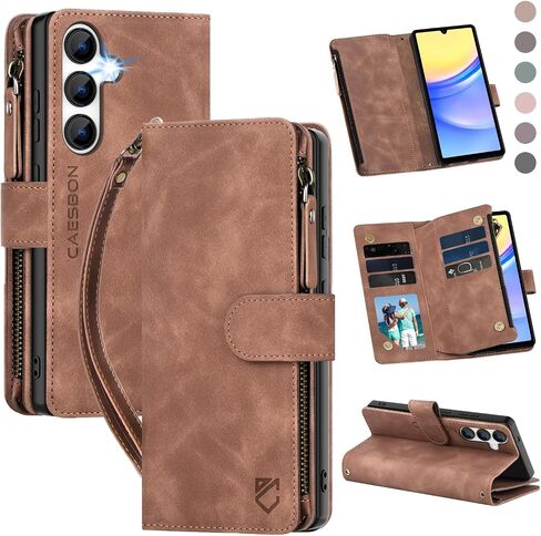 for Samsung Galaxy A16-5G-Wallet Case: with RFID Blocking Card Slots (6 Cards) | Soft PU Leather Magnetic Snap Zipper Pocket | Crossbody Wrist Strap Protective Phone Cover - Coffee in Saudi Arabia
