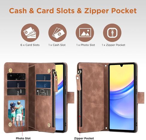 for Samsung Galaxy A16-5G-Wallet Case: with RFID Blocking Card Slots (6 Cards) | Soft PU Leather Magnetic Snap Zipper Pocket | Crossbody Wrist Strap Protective Phone Cover - Coffee in Saudi Arabia