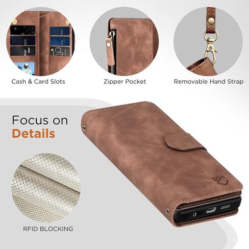 for Samsung Galaxy A16-5G-Wallet Case: with RFID Blocking Card Slots (6 Cards) | Soft PU Leather Magnetic Snap Zipper Pocket | Crossbody Wrist Strap Protective Phone Cover - Coffee in Saudi Arabia