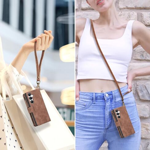 for Samsung Galaxy A16-5G-Wallet Case: with RFID Blocking Card Slots (6 Cards) | Soft PU Leather Magnetic Snap Zipper Pocket | Crossbody Wrist Strap Protective Phone Cover - Coffee in Saudi Arabia
