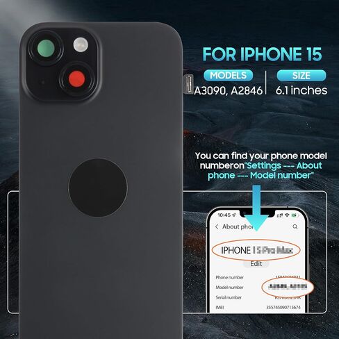 AGCUT for iPhone 15 Back Glass Replacement for iPhone 15 Rear Back Glass with Wireless Charging Flex Cable+Flashlight +Microphone+Camera Frame All Parts (Black) in Saudi Arabia