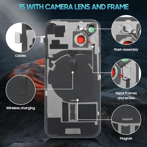 AGCUT for iPhone 15 Back Glass Replacement for iPhone 15 Rear Back Glass with Wireless Charging Flex Cable+Flashlight +Microphone+Camera Frame All Parts (Black) in Saudi Arabia
