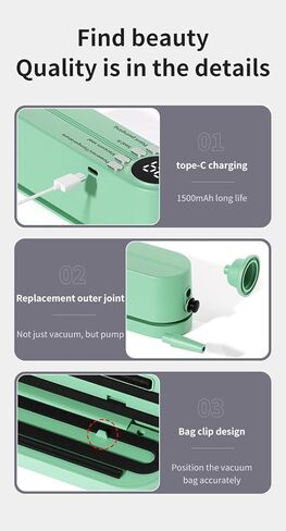 Mini Food Saver Vacuum Sealer Machine 2025 تم تحديثه ، 3 في 1 سلادة سلكية قابلة لإعادة الشحن اللاسلكي ، آلة السداد الحرارية للحفاظ على الطعام لتخزين الطعام الجاف/الرطب (الأخضر) in Kuwait
