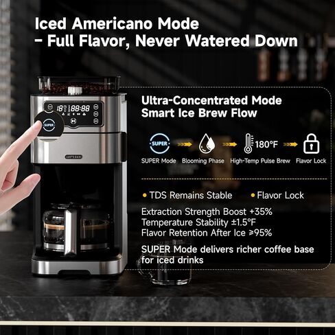 Drip Coffee Maker with Built-in Grinder, 10-Cup Coffee Machine with 24-Hour Delay Timer, Touch Screen, Self-Cleaning, Reusable Filter, 1.5L Removable Water Tank, Warming Plate, Silver in Saudi Arabia