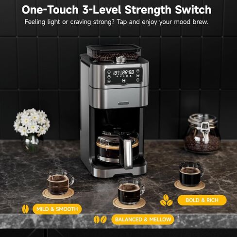 Drip Coffee Maker with Built-in Grinder, 10-Cup Coffee Machine with 24-Hour Delay Timer, Touch Screen, Self-Cleaning, Reusable Filter, 1.5L Removable Water Tank, Warming Plate, Silver in Saudi Arabia