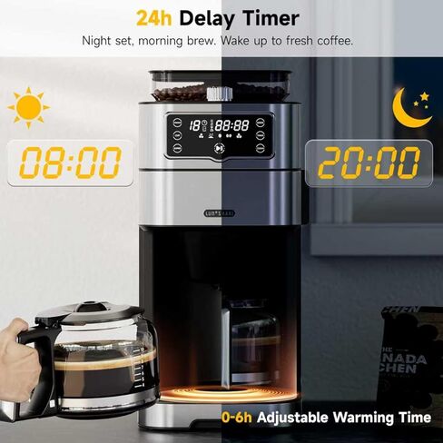 Drip Coffee Maker with Built-in Grinder, 10-Cup Coffee Machine with 24-Hour Delay Timer, Touch Screen, Self-Cleaning, Reusable Filter, 1.5L Removable Water Tank, Warming Plate, Silver in Saudi Arabia