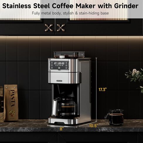 Drip Coffee Maker with Built-in Grinder, 10-Cup Coffee Machine with 24-Hour Delay Timer, Touch Screen, Self-Cleaning, Reusable Filter, 1.5L Removable Water Tank, Warming Plate, Silver in Saudi Arabia
