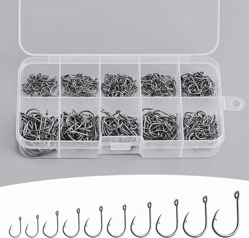 200pcs 10 Sizes Fishing Hooks with Portable Plastic Box, Carbon Steel Strong Sharp Fish Hook with Barbs for Seawater & Freshwater Catfish Trout Bass Octopus, Fishing Gift for Men in Saudi Arabia