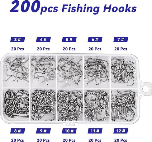 200pcs 10 Sizes Fishing Hooks with Portable Plastic Box, Carbon Steel Strong Sharp Fish Hook with Barbs for Seawater & Freshwater Catfish Trout Bass Octopus, Fishing Gift for Men in Saudi Arabia