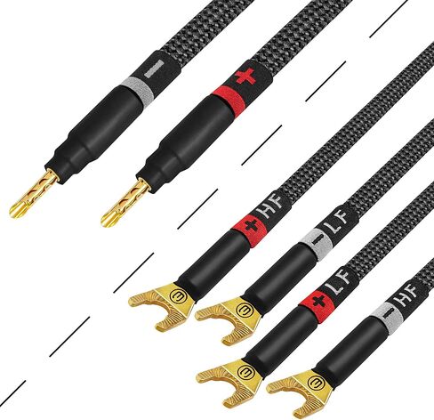 WORLDS BEST CABLES 3 Foot Ultimate - 7 AWG - Ultra-Pure OFC - Premium Audiophile HiFi Bi-Wire Speaker Cable for Center Channel - Eminence Gold Banana (x2) & Spade (x4) Plugs & Carbon Tweed Jacket in Saudi Arabia