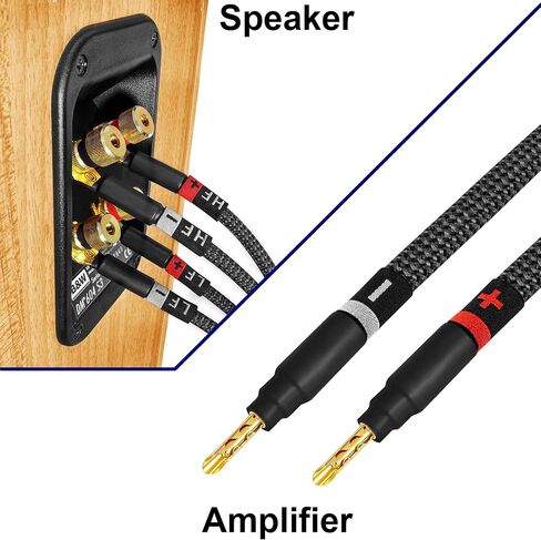 WORLDS BEST CABLES 3 Foot Ultimate - 7 AWG - Ultra-Pure OFC - Premium Audiophile HiFi Bi-Wire Speaker Cable for Center Channel - Eminence Gold Banana (x2) & Spade (x4) Plugs & Carbon Tweed Jacket in Saudi Arabia