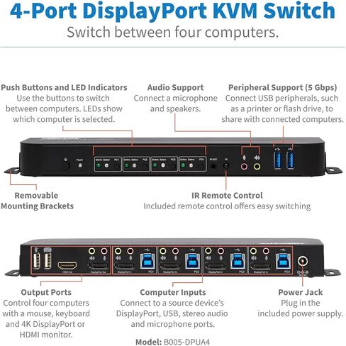 Tripp Lite 4 Port DisplayPort USB KVM Switch ، Quad Port DP USB KVM Switch ، 4K 60 Hz ، HDR ، HDCP 2.2 ، DP 1.4 ، USB 3.0 Cables ، Black (B005-DPUA4) in Saudi Arabia