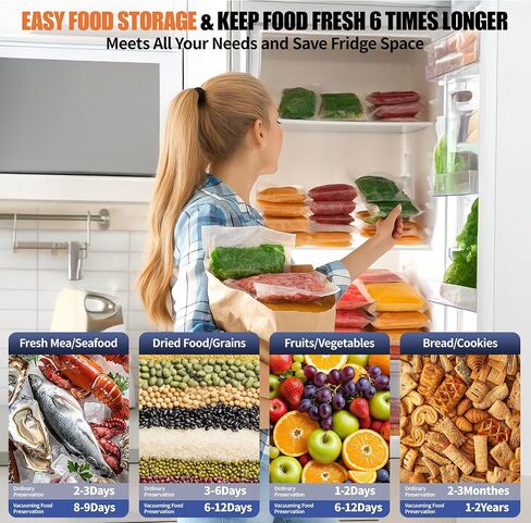 Vacuum Sealer Machine, 85KPA Automatic 8-IN-1 Sealing Dry/Moist Mode, Automatic Seal in 10-20 Seconds with 10 Vacuum Bags & 1 Roll, Built-in Cutter, Bag Storage & Vacuum Hose For Food Sealer in Saudi Arabia