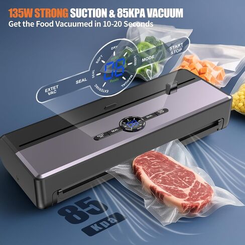 Vacuum Sealer Machine, 85KPA Automatic 8-IN-1 Sealing Dry/Moist Mode, Automatic Seal in 10-20 Seconds with 10 Vacuum Bags & 1 Roll, Built-in Cutter, Bag Storage & Vacuum Hose For Food Sealer in Saudi Arabia