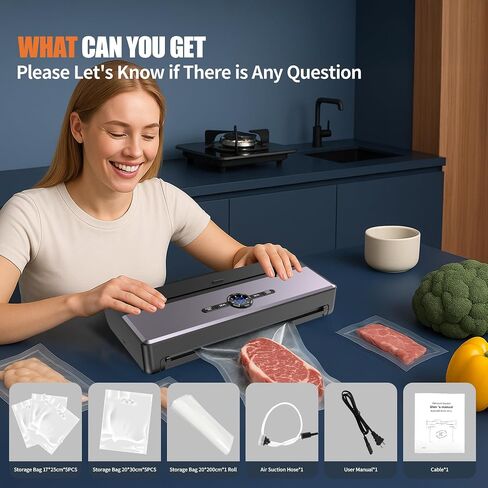 Vacuum Sealer Machine, 85KPA Automatic 8-IN-1 Sealing Dry/Moist Mode, Automatic Seal in 10-20 Seconds with 10 Vacuum Bags & 1 Roll, Built-in Cutter, Bag Storage & Vacuum Hose For Food Sealer in Saudi Arabia
