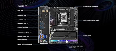 ASRock Z790 Riptide WiFi LGA1700 ATX Motherboard | Supports 14th/13th/12th Gen Intel | DDR5 8000+ (OC) | PCIe 5.0 | WiFi 7 | 8 SATA | 16+1+1 Power Phase | Killer 2.5G LAN in Saudi Arabia