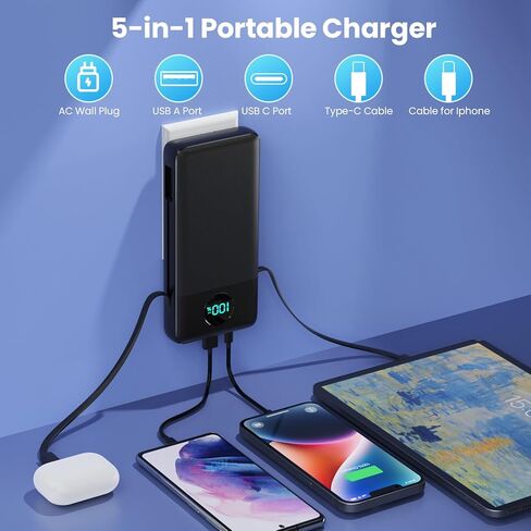 Portable Charger 36800mAh, USB C Input/Output Power Bank, 5 Outputs Battery Pack, IP65 Solar Charger with LED Flashlight, Solar Power Bank Compatible with iPhone 13 12 11 LG Samsung S20 Google in Kuwait
