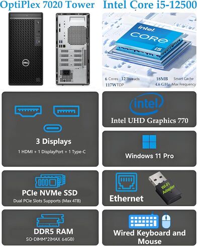 Dell Optiplex 7020 Tower Business سطح مكتب كمبيوتر ، 32 جيجا بايت DDR5 RAM ، 1TB PCIE SSD ، Intel 6-Core I5-12500 (Beat I7-11700) ، DVDRW ، WIFI Adapter ، RJ-45 ، Type-C ، HDMI ، Window 11 Pro (Renened) in Saudi Arabia