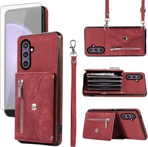 علبة الهاتف لـ Samsung Galaxy S23 Fe 5g Wallet واقي شاشة زجاجي مع Wrist Crossbody Strap Lanyard Card Card Cell S 23 EF S23FE5G S23FE G5 GRAPLE MEN in Saudi Arabia
