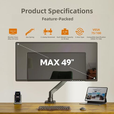 Claiks Monitor Monitor Monitor لشاشات 49 بوصة بحد أقصى تقف حتى 44 رطلاً كحد أقصى ، وذراع شاشة قابلة للتعديل في نابض غاز مريح ، مع قاعدة مثبت in Kuwait