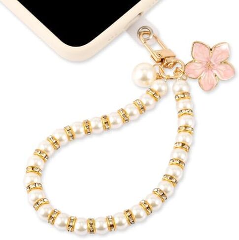 Pearl Phone Charms Strap, Cell Phone Charm Pearl Phone Lanyard Beaded Phone Bracelet Phone Wristlet Beaded Mobile Phone Pendant with Phone Patch for Smartphone Gift (Pink Flower Style) in Saudi Arabia