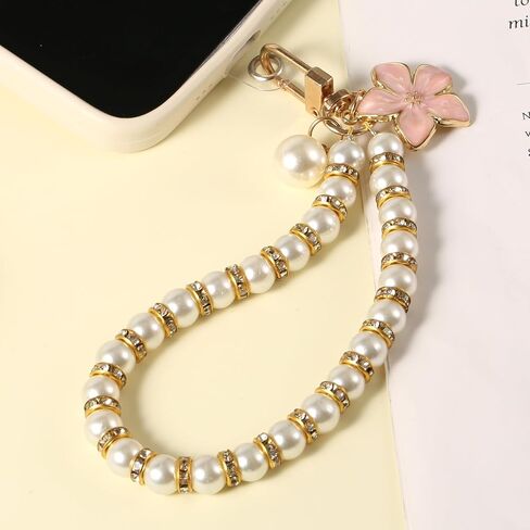 Pearl Phone Charms Strap, Cell Phone Charm Pearl Phone Lanyard Beaded Phone Bracelet Phone Wristlet Beaded Mobile Phone Pendant with Phone Patch for Smartphone Gift (Pink Flower Style) in Saudi Arabia