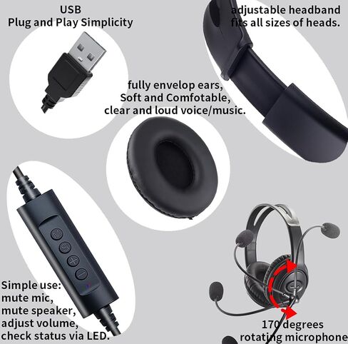 سماعات رأس USB الكمبيوتر مع الميكروفون ، سماعات الرأس السلكية مع الميكروفون للكمبيوتر الشخصي ، الكمبيوتر المحمول (النحيل الأسود) in Kuwait