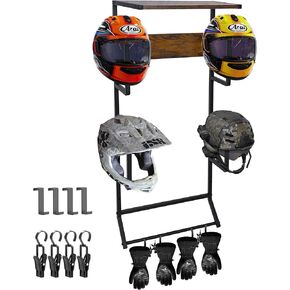 Motorcycle Helmet Holder Wall-Mounted Helmet Rack with 4 Glove Chips& Hooks - Rustic Bike Helmets Storage Organizer, Universal Wall Mount for Helmets, Gear, Clothes, Accessories，Retro in Saudi Arabia