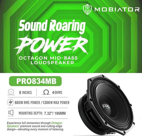 PRO108MB Loudspeaker - 10" Midbass Aluminum Basket, 1600W Max, 400W RMS, 8 Ohms - Premium Quality Audio Door Speakers for Car or Truck Stereo Sound System (MB-PRO108MB) in Saudi Arabia