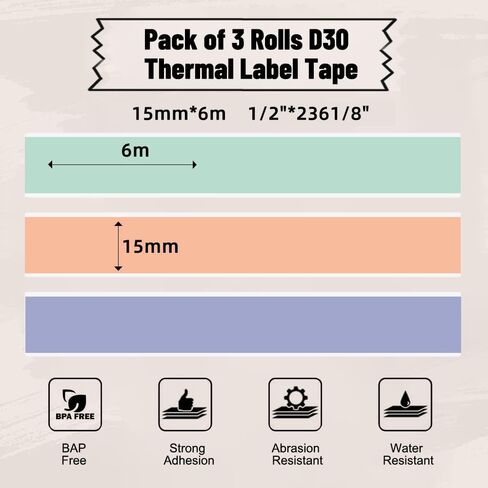 Phomemo D30 Continuous Labels, D35 Q30 Q31 Q32 Q30S Long Label Tape, Black on Green, Orange, Lavender Sticker Thermal Paper Self-Adhesive D30 Label Tape, 15 x 6m (19/32 x 2367/32) Long Tape, 3-Roll in Saudi Arabia