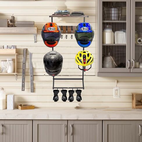 Motorcycle Helmet Holder Wall-Mounted Helmet Rack with 4 Glove Chips& Hooks - Rustic Bike Helmets Storage Organizer, Universal Wall Mount for Helmets, Gear, Clothes, Accessories，Retro in Saudi Arabia