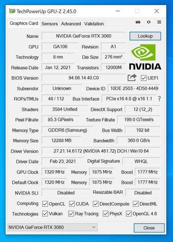 HP NVIDIA RTX 3060 Gaming Video Card Card Ampere GPU 12GB GDDR6 (متجدد) in Saudi Arabia
