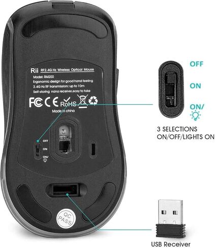 Rii RM200 2.4G Wireless Mouse with USB Nano Receiver, 5 Buttons Rechargeable Mouse,Colorful Backlit RGB Gaming Mouse for Notebook,PC,Computer-Black in Kuwait
