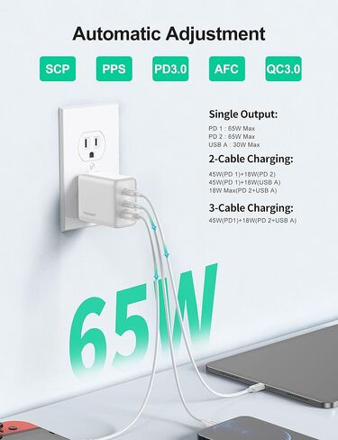 Tecknet USB C Fast Charger Block 65W PD 3.0 GAN WALL ACHTRACH ، محول سفر قابل للطي ثلاثي المنافذ لـ iPhone 16 Pro MAX/16 PRO/16 Plus/16/15/Galaxy S24/S25/MacBook Pro/Switch ومزيد من السلسلة (أسود) in Saudi Arabia