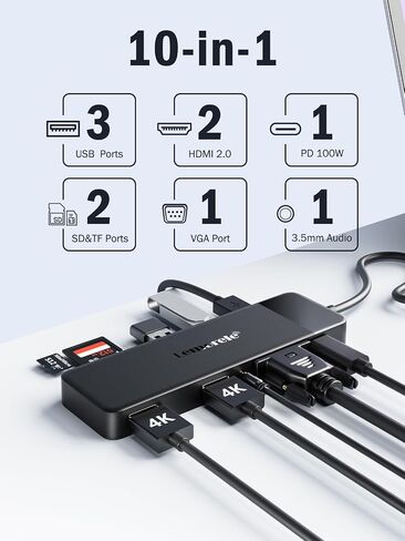 محطة إرساء Lemorele USB C لأجهزة الكمبيوتر المحمول، 7 في 1 USB C Hub مع 4K Dual HDMI، USB 3.0، 3 * USB 2.0، 100W PD مناسبة لأجهزة MacBook Pro وDell وHP وSurface وLenovo Yoga in Kuwait