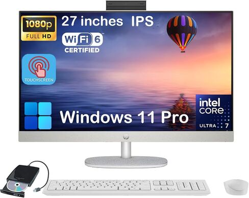 HP 27" FHD All-in-One Touchscreen Desktop - Intel 12-Core Ultra 7 155U CPU • Adjustable Angle • WiFi 6 • 1080p Camera • Win11 Pro & External DVD Drive (64GB DDR5 RAM | 1TB SSD) in Saudi Arabia