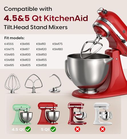 إكسسوارات من الفولاذ المقاوم للصدأ 3 قطع مجموعة من Kitchenaid 4.5 و 5 خلاطات الحامل الميل الرباعية ، تشمل 4.5-5QT مسطح ، خطاف العجين ، K45WW 6-WIR in Saudi Arabia