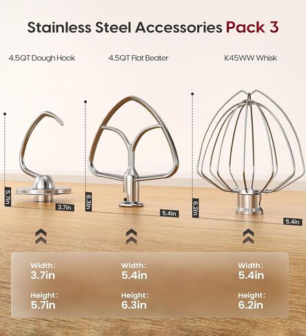 إكسسوارات من الفولاذ المقاوم للصدأ 3 قطع مجموعة من Kitchenaid 4.5 و 5 خلاطات الحامل الميل الرباعية ، تشمل 4.5-5QT مسطح ، خطاف العجين ، K45WW 6-WIR in Saudi Arabia