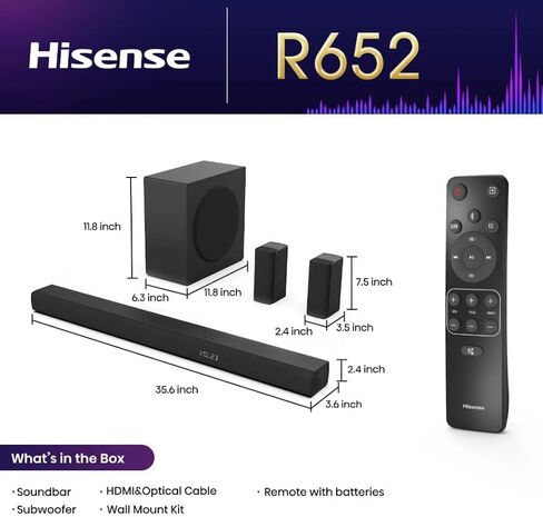 Hisense 5.1 CH Soundbar مع إجمالي 440 واط ، مكبرات صوت محيطة خلفية ، مضخم الصوت اللاسلكي 6.5 "، Dolby Atmos و DTS Virtual X ، Easy Connect - R652 (متجدد) in Saudi Arabia