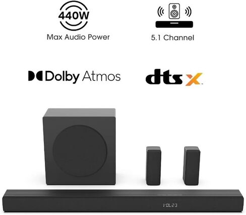 Hisense 5.1 CH Soundbar مع إجمالي 440 واط ، مكبرات صوت محيطة خلفية ، مضخم الصوت اللاسلكي 6.5 "، Dolby Atmos و DTS Virtual X ، Easy Connect - R652 (متجدد) in Saudi Arabia