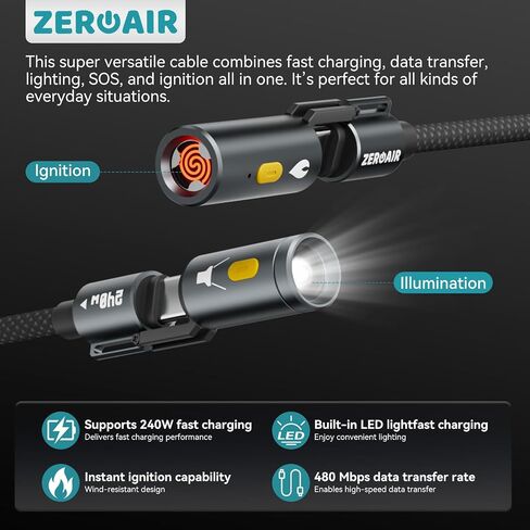 Zeroair Powerspark 4-in-1 شحن كابل 240W شحن سريع ونقل البيانات 480 ميغابت في الثانية ، وميزات مصباح LED وإشعال الإشعال ، والطوارئ الجاهزة ، ومواد نايلون 5 أقدام in Kuwait