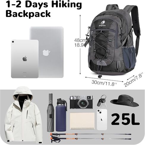 25L Small Hiking Backpack Daypack for Men, Waterproof Outdoor Travel Backpack with Padded Straps for Camping, Black in Kuwait