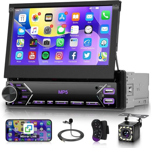 Single Din Flip Out Car Stereo Bluetooth 7 Inch Retractable Touch Screen Car Radio 1 Din Mirror Link/FM/EQ USB/Type-C/AUX SWC, Driauto Car Audio Receiver MP5 Multimedia Player with Backup Camera in Saudi Arabia