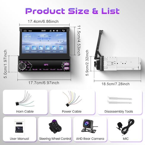 Single Din Flip Out Car Stereo Bluetooth 7 Inch Retractable Touch Screen Car Radio 1 Din Mirror Link/FM/EQ USB/Type-C/AUX SWC, Driauto Car Audio Receiver MP5 Multimedia Player with Backup Camera in Saudi Arabia