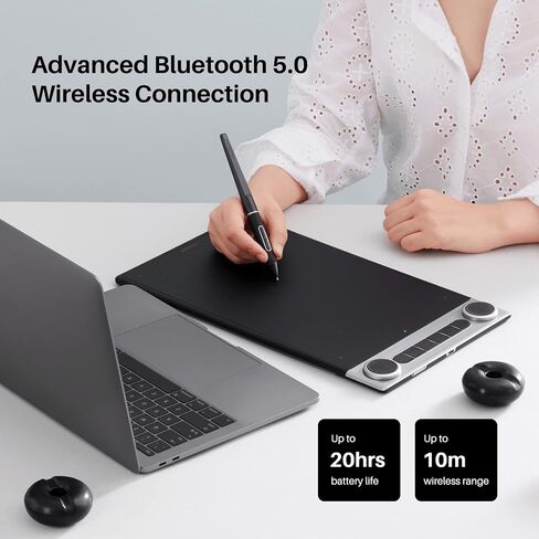 Huion Inspiroy Dial 2 Bluetooth Wireless Graphics Drawing Tablet مع حزمة أوجه مزدوجة مع قفاز Sketelon للفن الرقمي والرسوم المتحركة وتصميم الرسومات in Saudi Arabia