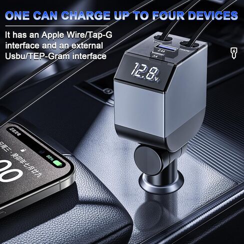 Retractable Car Charger,4 in 1 Fast Phone Charger 84w, 2 Retractable Cables and USB Car,Compatible with iPhone 16/15/14/13/12/11,Galaxy,Pixel,PT-20 Silver Black in Kuwait