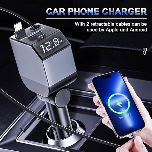 Retractable Car Charger,4 in 1 Fast Phone Charger 84w, 2 Retractable Cables and USB Car,Compatible with iPhone 16/15/14/13/12/11,Galaxy,Pixel,PT-20 Silver Black in Kuwait