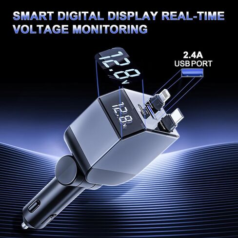Retractable Car Charger,4 in 1 Fast Phone Charger 84w, 2 Retractable Cables and USB Car,Compatible with iPhone 16/15/14/13/12/11,Galaxy,Pixel,PT-20 Silver Black in Kuwait